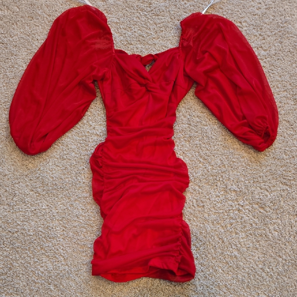 B Darlin Red Puff-Sleeve Ruched Mini Dress